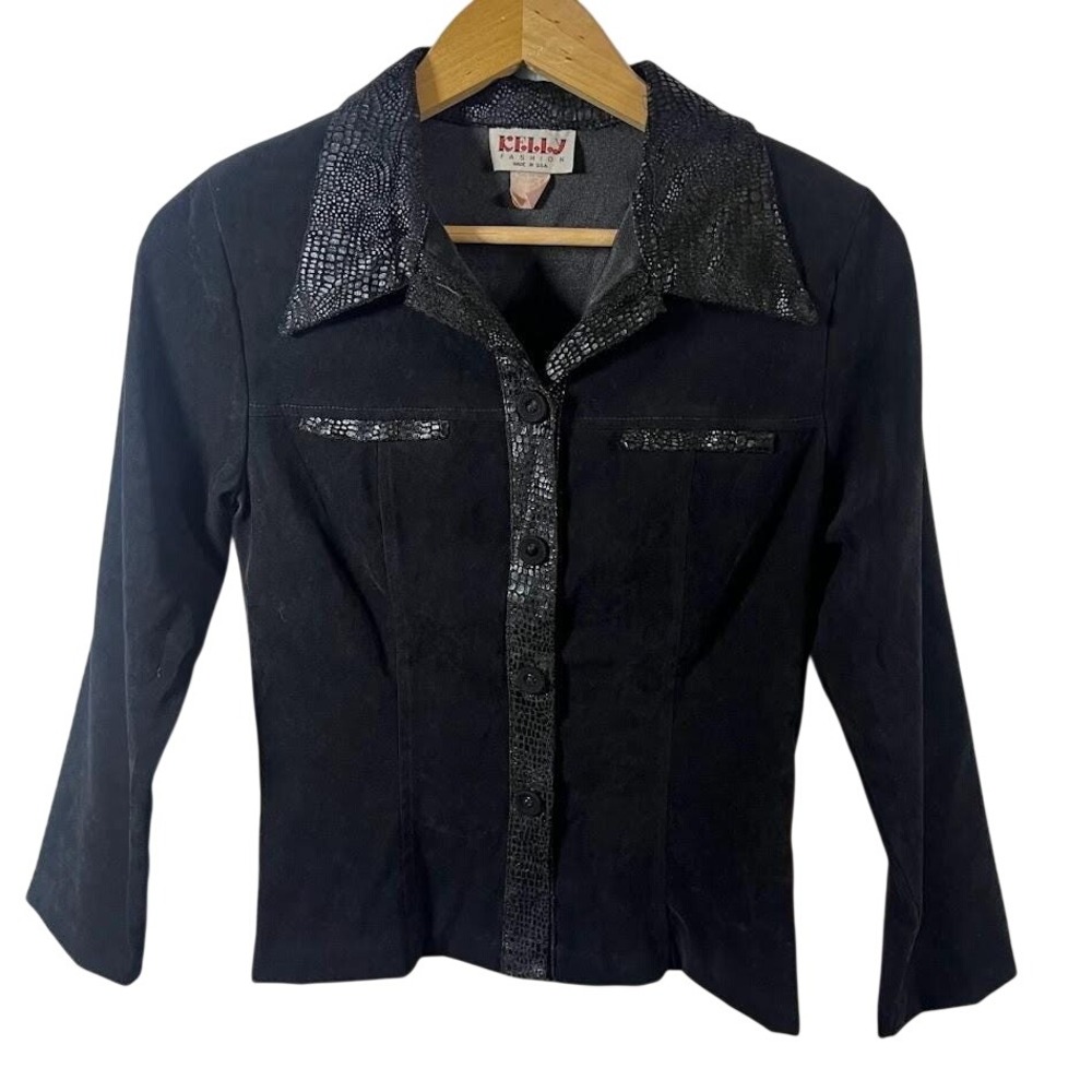 Kelly Fashion Black Faux Snakeskin Trim Jacket Womens M Vintage Y2K‎ Career 90s